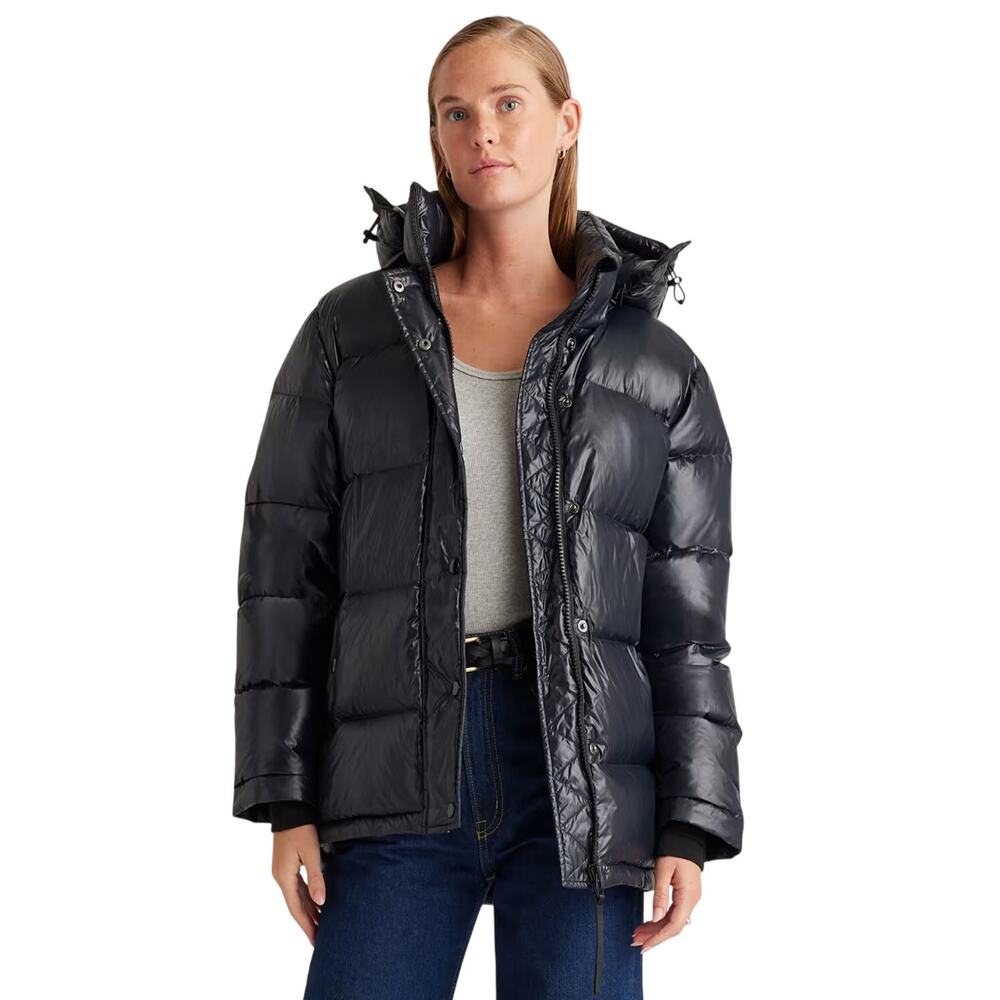 New Women's S Quince Responsible Down Puffer Jacket Shiny Black Preppy Y2k Luxe